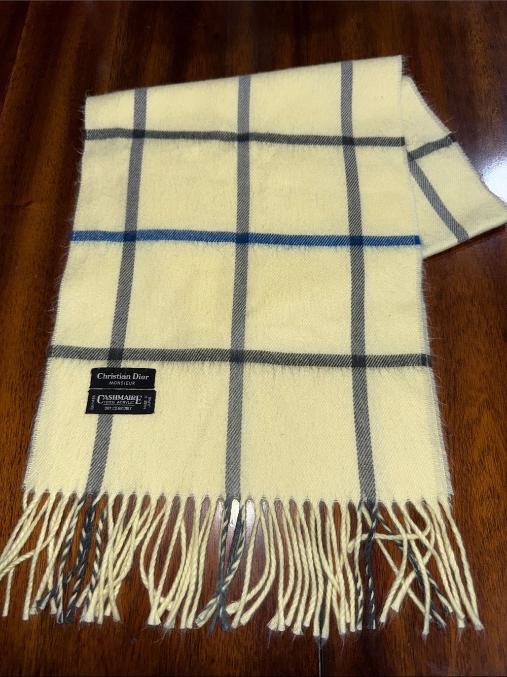 Christian Dior Cashmere Plaid Fringe Scarf